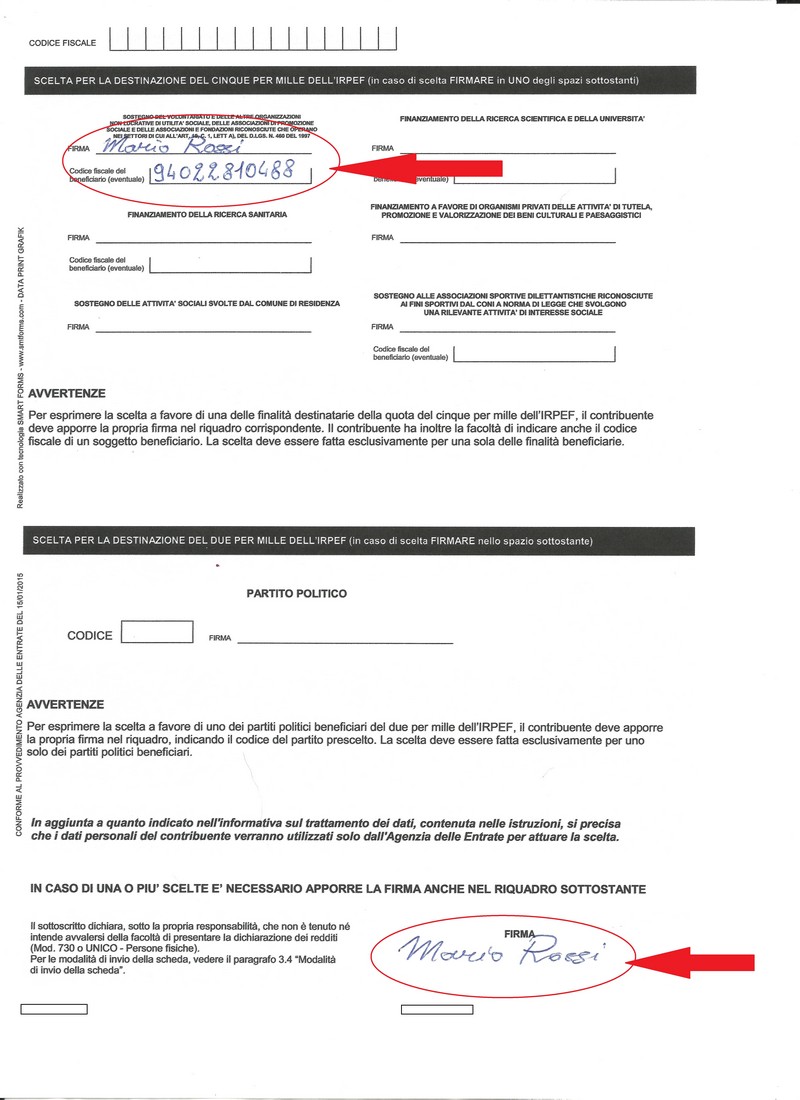 Pagina del CUD per la scelta della destinazione del 5 per mille.